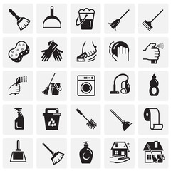 Poster - Cleaning icons set on squares background for graphic and web design, Modern simple vector sign. Internet concept. Trendy symbol for website design web button or mobile app