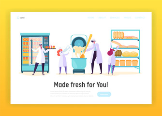  Professional Cook in Chef Uniform in Kitchen Landing Page. Male and Female Character Make Dough, Bake Bread, Muffin . Bakery Cooking Concept Website or Web Page. Flat Cartoon Vector Illustration