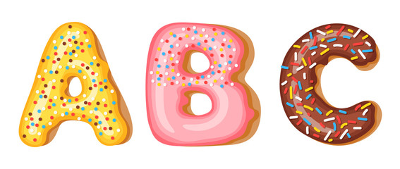 Donut icing upper latters - A, B, C. Font of donuts. Bakery sweet alphabet. Donut alphabet latters A b C isolated on white background