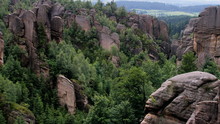 Sandstone Walls With Green Trees Among Them From Viewpoint In Broumov, Czech Republic. Broumovské Stěny.