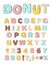 Donut Icing Latters, Font Of Donuts. Bakery Sweet Alphabet. Letters And Numbers. Donut Alphabet And Numbers, Isolated On White Background