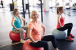 © Seventyfour - Happy blonde mature female in activewear sitting on fitball in front of camera during workout in gym