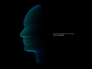 Poster - Artificial intelligence technology concept human head shape with light dots line blue color on black background. Vector in concept technology, communication, digital, ai, science.
