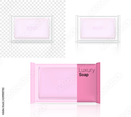 Download 3d Mock Up Realistic Soap Bar Cosmetic Transparent Sachet Packaging Paper Wrap Or Plastic Pack For Advertising Design Background Illustration Buy This Stock Vector And Explore Similar Vectors At Adobe Stock Yellowimages Mockups