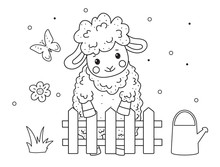 Cute outline doodle sheep sleeps. Hand drawn elements