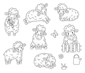 Wall Mural - Cute outline doodle sheep jumps. Hand drawn elements