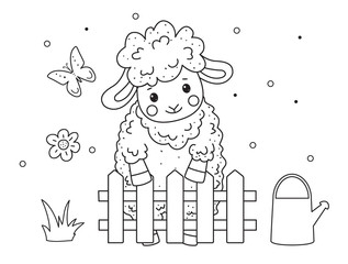 Wall Mural - Cute outline doodle sheep sleeps. Hand drawn elements