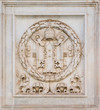 Emblem of Reverend Fabric of Saint Peter in the square of Saint Peter Basilica in Rome, Italy.