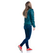 © Kabardins photo - Woman in jeans and jacket walking goes looking on white background. Isolation, back view