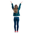© Kabardins photo - Woman in jeans and jacket hands up on white background. Isolation, back view