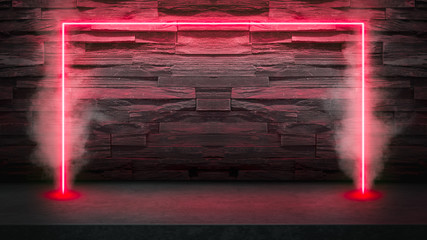 Wall Mural - Empty dark stone table with red fluorescent neon laser lights in smoke. Party and night club concept background with copy space for text or product display.