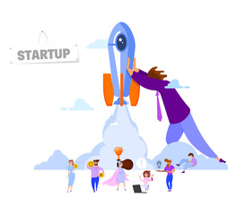 Wall Mural - Startup concept. Search for new ideas, teamwork, rocket launch, business project metaphor, tiny people. Flat style.