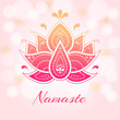 Beautiful indian gradient lotus with namaste. folk illustration on pink background
