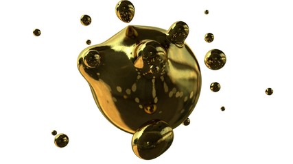 Poster - 3D illustration of Golden drops in weightlessness, abstraction, futuristic background, the idea of synthesis and luxury. 3D rendering on white background.