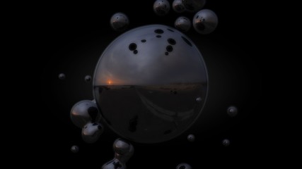 Poster - 3D illustration of a liquid metal and oil droplets in zero gravity. The idea for a futuristic background abstraction. 3D rendering