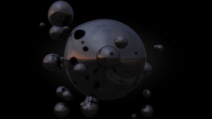 Poster - 3D illustration of a liquid metal and oil droplets in zero gravity. The idea for a futuristic background abstraction. 3D rendering