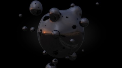 Poster - 3D illustration of a liquid metal and oil droplets in zero gravity. The idea for a futuristic background abstraction. 3D rendering