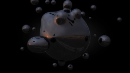 Poster - 3D illustration of a liquid metal and oil droplets in zero gravity. The idea for a futuristic background abstraction. 3D rendering