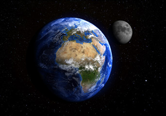 the earth and the moon from space showing europe and africa. stars in the background. elements of th