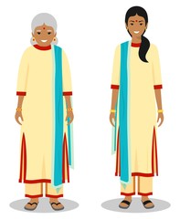 Wall Mural - Set of standing together old and young indian woman in the traditional clothing isolated on white background in flat style. Different people in the east dress. Vector illustration.