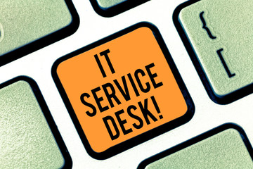 Text sign showing It Service Desk. Conceptual photo Technological support online assistance help center Keyboard key Intention to create computer message pressing keypad idea