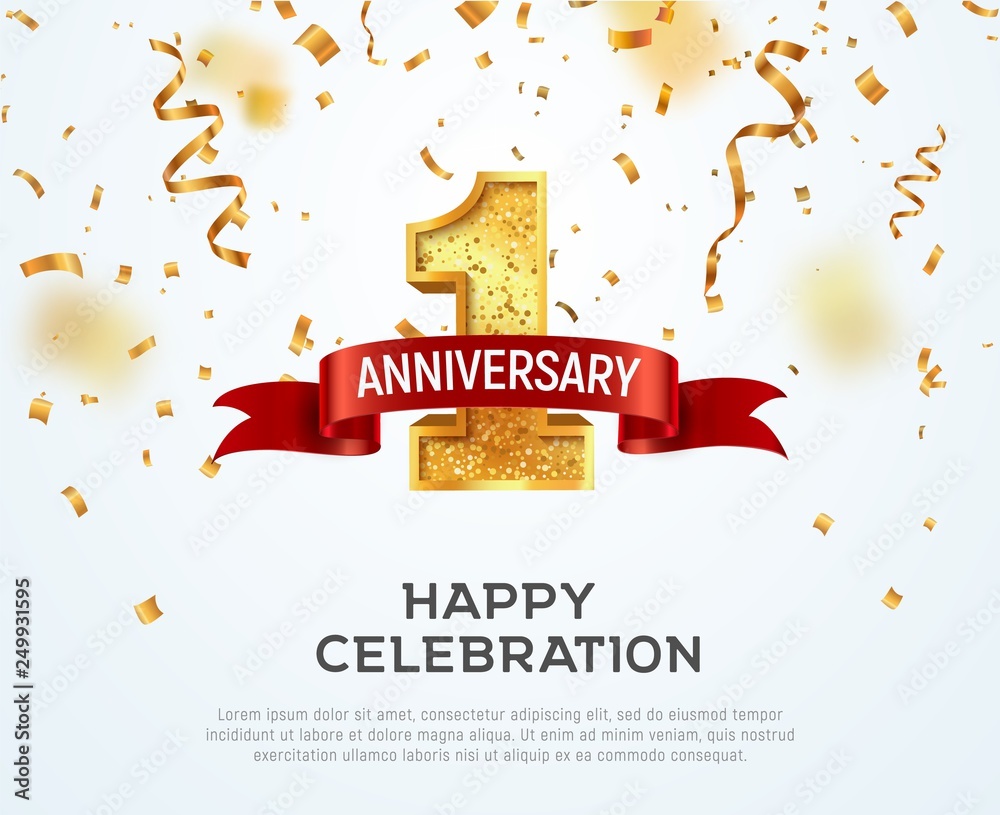 1 year anniversary vector banner template. First jubilee with red ribbon and confetti on white background - obrazy, fototapety, plakaty 