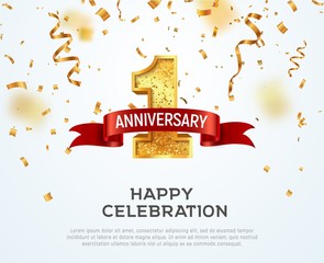 1 year anniversary vector banner template. first jubilee with red ribbon and confetti on white backg