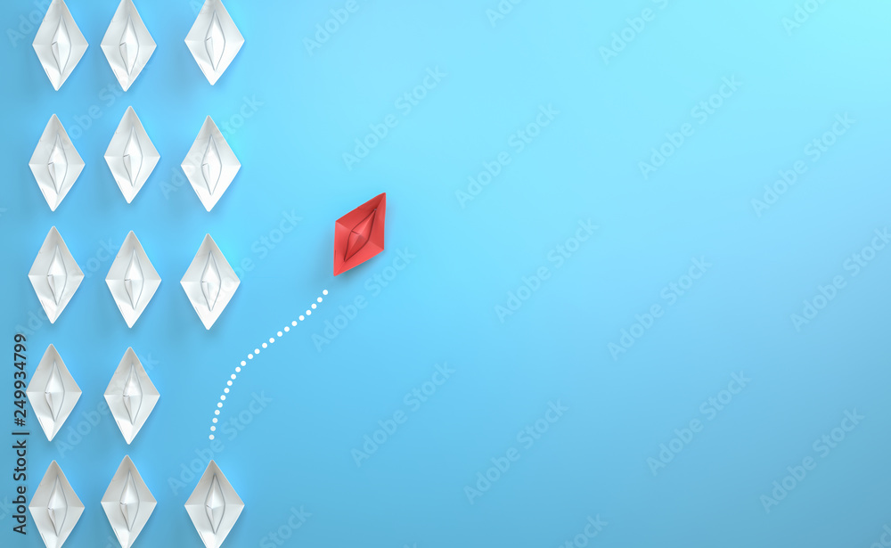 paper boat leadership concept - red paper boat leading the row - obrazy, fototapety, plakaty 