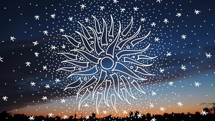 cartoon sun and stars rotate on a dark blue background of the evening sunset sky. video clip