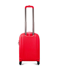 Sticker - A red travel suitcase on wheels, isolated on a white background. Travel concept, packing up before departure. Preparing for travel, going on vacation, break, rest.