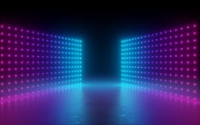 3d Render, Abstract Background, Screen Pixels, Glowing Dots, Neon Lights, Virtual Reality, Ultraviolet Spectrum, Pink Blue Vibrant Colors, Catwalk Fashion Podium, Laser Show, Stage, Isolated On Black