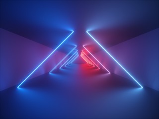 3d render, blue red abstract background, ultraviolet light, laser rays inside corridor, virtual reality empty room, diagonal glowing lines