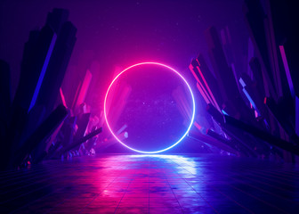 3d render, abstract background, cosmic landscape, round portal, pink blue neon light, virtual realit
