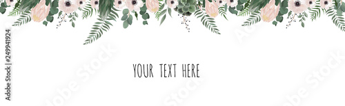 Horisontal botanical vector design banner. Pink rose, eucalyptus, succulents,...