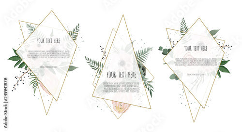 Card with leaves, flowers and geometrical frame. Floral poster.