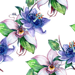  Seamless pattern with beautiful watercolor flowers. Tropical flowers. Flower background