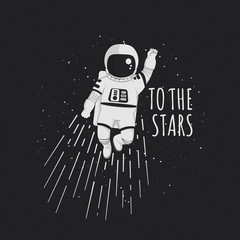 to the stars vector illustration, poster, t-shirt design. monochrome cartoon astronaut flying with r