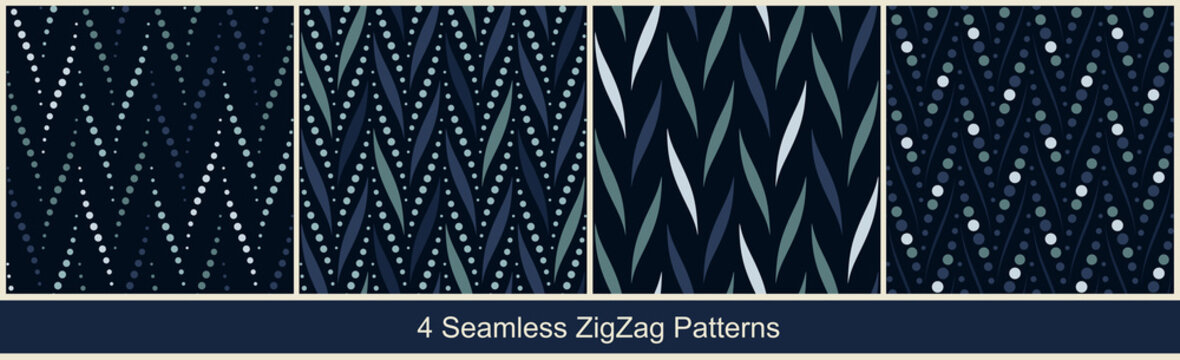 Seamless vector zigzag patterns with abstract geometric elements in monochrome blue colors on black background. Collection of abstract prints