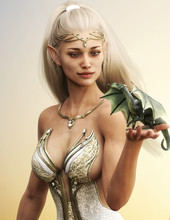 Portrait Of A Fantasy Wood Elf Female With Long Golden Flowing Hair And Her Mythical Green Dragon .3d Rendering