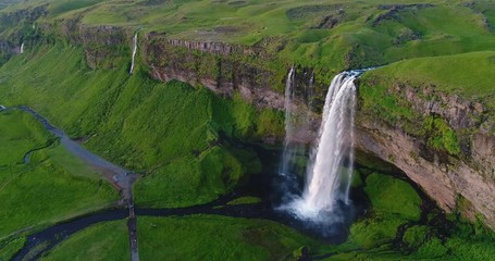 Wall Mural - iceland aerial drone 4k video of waterfall seljalandsfoss in icelandic nature. famous tourist attrac