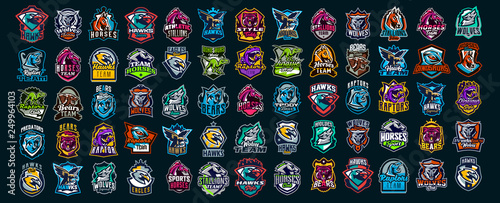 Vektor: Set of animal emblems. Bear, dinosaur, eagle, leopard, wolf, horse, fox, lion, grizzly, raptor, hawk, jaguar, cat, lynx, leo, stallion, birds. Sports mascots, colorful collection, vector illustration Set of animal emblems. Bear, dinosaur, eagle, leopard, wolf, horse, fox, lion, grizzly, raptor, hawk, jaguar, cat, lynx, leo, stallion, birds. Sports mascots, colorful collection, vector illustration