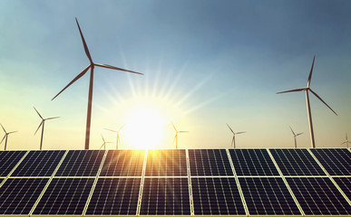 Wall Mural - concept clean energy power in nature. solar panel and wind turbine with sun background