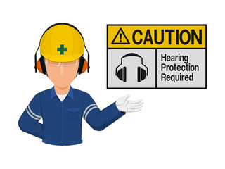 Wall Mural - Industrial worker is presenting hearing protection warning sign