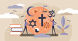 Religion vector illustration. Flat tiny symbolic element persons concept.