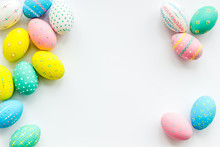 Decorated Easter Eggs On White Background Border Space For Text
