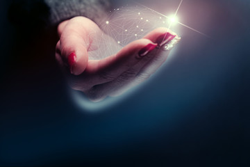 Poster - Woman holding in palm Social connection technologies. Mixed media.