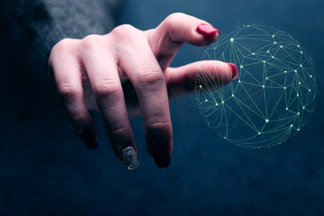 Poster - Woman touching sphere social connection technologies. Mixed media.