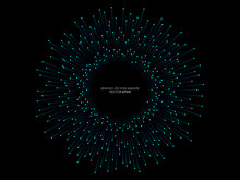 Abstract Vector Explosion Circle Frame With Dots Line Equalizer Pattern In Blue Green Color Isolated On Black Background With Space For Text In Concept Of Music, Technology, Science, Digital, AI