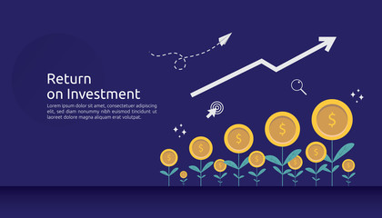 Poster - return investment ROI or growth business finance concept. increase profit stretching rising up. flat style vector illustration of market data analytics, strategic management, financial planning.