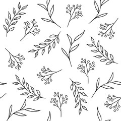 Wall Mural - Hand drawn floral seamless pattern with plants and berries